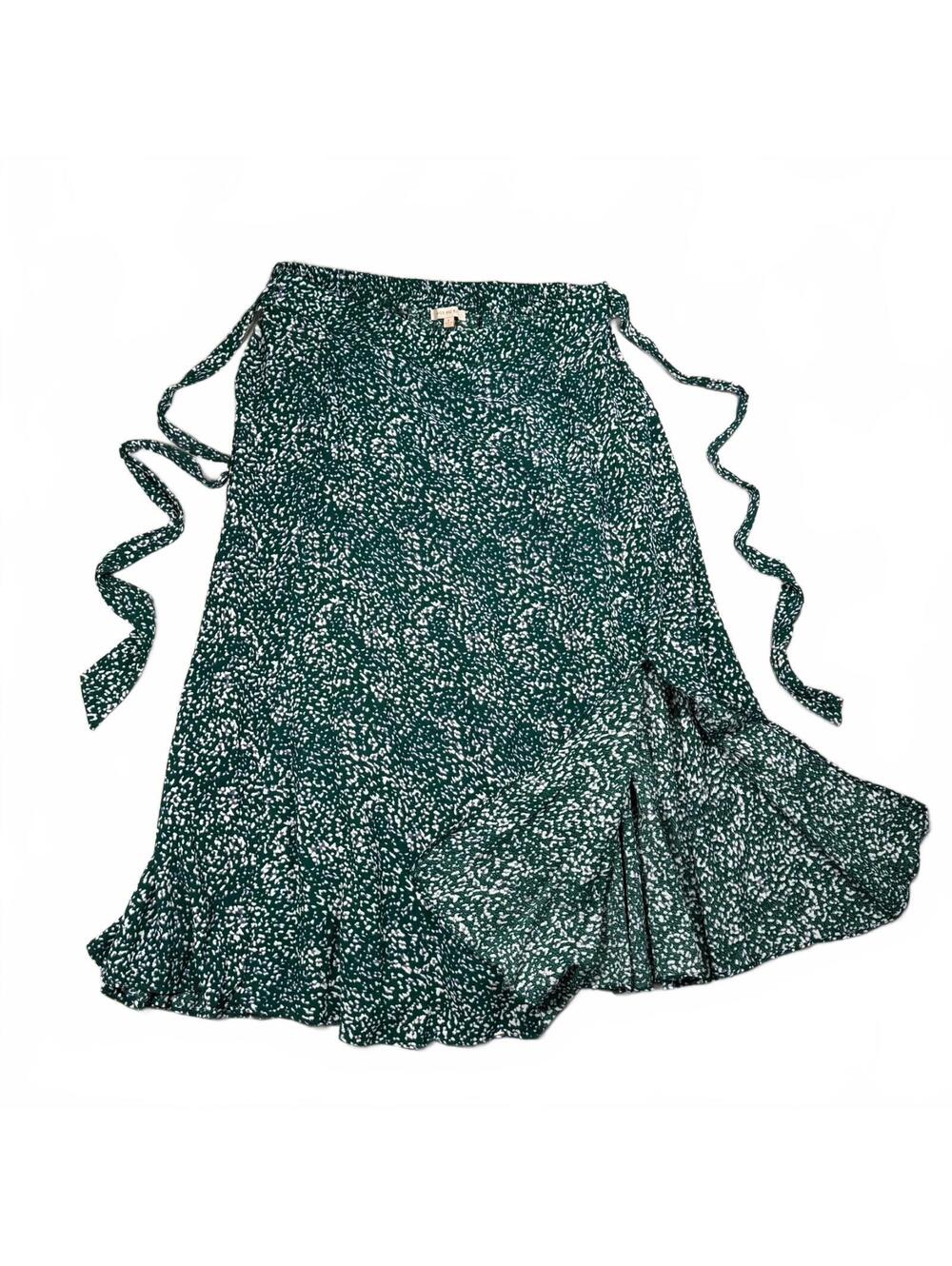 Skies Are Blue Wrap Skirt Womens L Green Ditsy Floral Ruffle Hem Tie Waist
